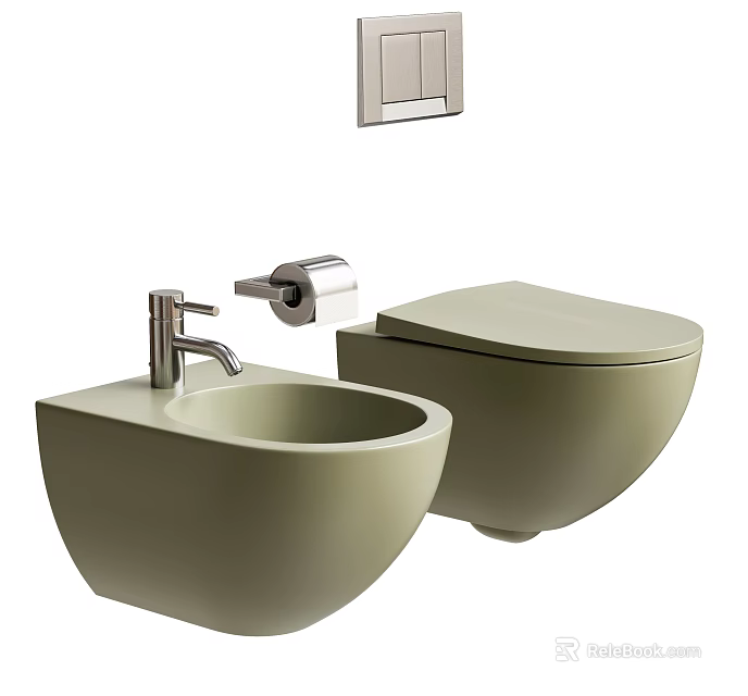 Modern Olive Green Toilet with Matching Sink Faucet and Toilet Paper Holder 3d model 