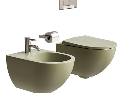 Modern Olive Green Toilet with Matching Sink Faucet and Toilet Paper Holder 3d model