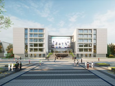 Modern Campus Building With Symmetrical Facade Large Front Screen And Students Gathering On Plaza 3d model