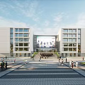 Modern Campus Building With Symmetrical Facade Large Front Screen And Students Gathering On Plaza