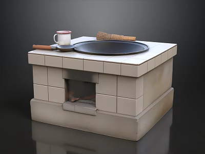 Brick Stove With Black Round Pan Red White Mug Wooden Mallet And Opening Burn Marks 3d model