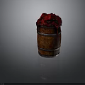 Rustic Wooden Barrel With Red Fabric Cover And Metal Hoops Design