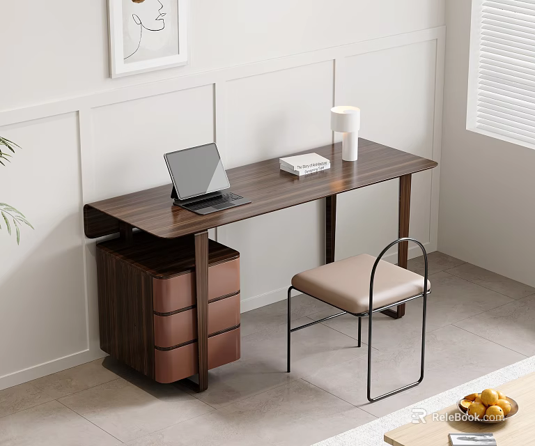 Modern Wooden Desk With Laptop Book Padded Chair Drawer Cabinet And Decorative Painting 3d model 