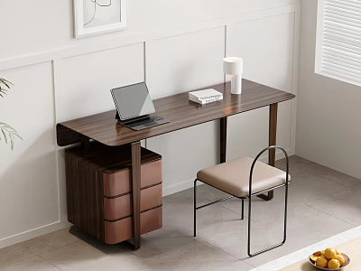 Modern Wooden Desk With Laptop Book Padded Chair Drawer Cabinet And Decorative Painting 3d model