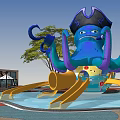 Octopus Themed Children's Play Structure With Pirate Hat And Yellow Slides In Water Playground