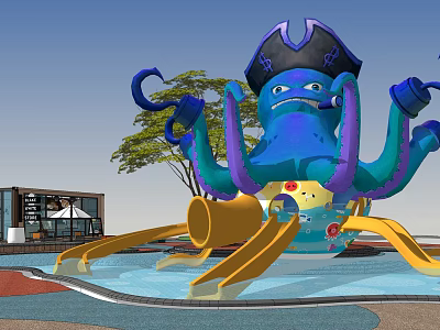 Octopus Themed Children's Play Structure With Pirate Hat And Yellow Slides In Water Playground 3d model