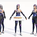 Game and Movie Character With Purple Gray Hair Long Sleeves Tight Pants and Tattoos
