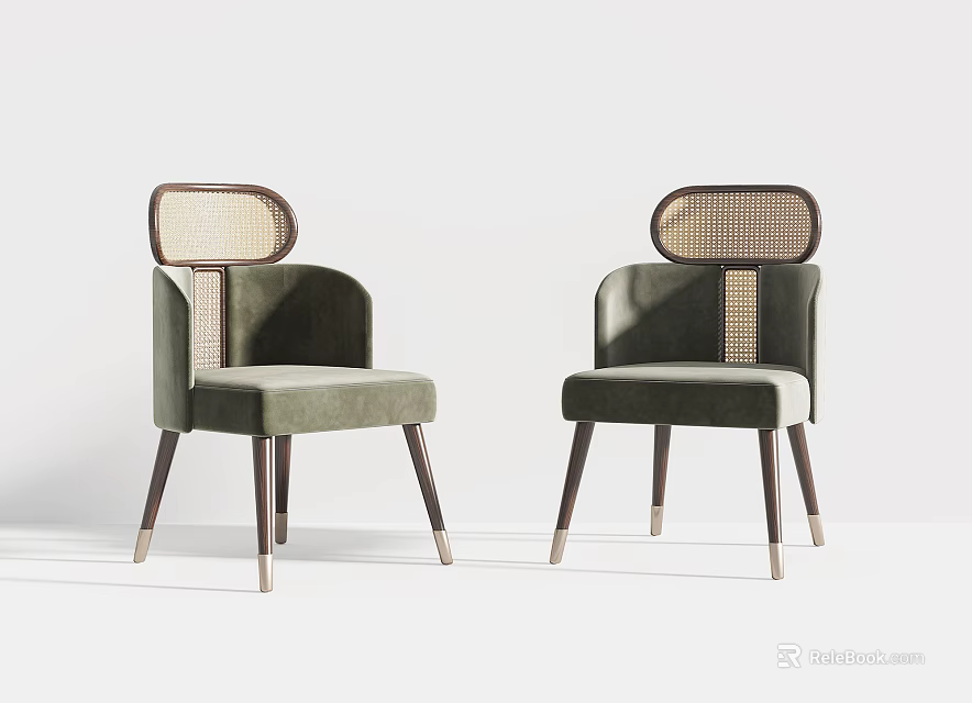 Modern Green Dining Chairs With Rattan Backrest And Wooden Legs 3d model 