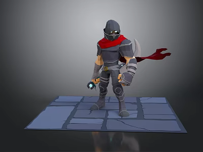 Game Movie Character Armored Warrior With Red Cape Standing On Stone Tiles Holding Glowing Weapon 3d model