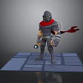 Game Movie Character Armored Warrior With Red Cape Standing On Stone Tiles Holding Glowing Weapon