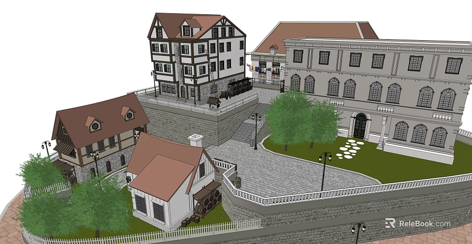 Traditional European Architecture Featuring Red Brown Roofs White Walls Courtyard Stone Paths and Trees 3d model 