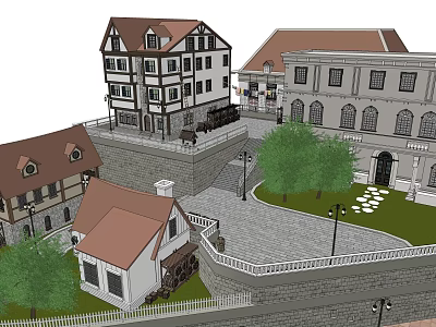 Traditional European Architecture Featuring Red Brown Roofs White Walls Courtyard Stone Paths and Trees 3d model
