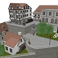 Traditional European Architecture Featuring Red Brown Roofs White Walls Courtyard Stone Paths and Trees