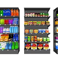 Retail Store Display Shelves Stocked with Various Beverages and Food Products