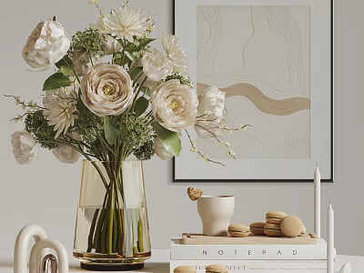 Transparent Vase With White And Light Pink Flowers Green Leaves Macarons Notepad And Wall Art 3d model