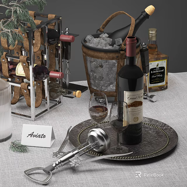 Wine Bottle And Glass On Decorative Tray With Wine Rack Ice Bucket And Andato Card 3d model 