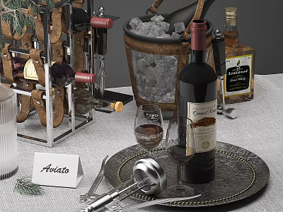 Wine Bottle And Glass On Decorative Tray With Wine Rack Ice Bucket And Andato Card 3d model