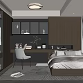 Modern Tatami Bedroom Interior With Wooden Desk Chair Built in Shelves And Large Window