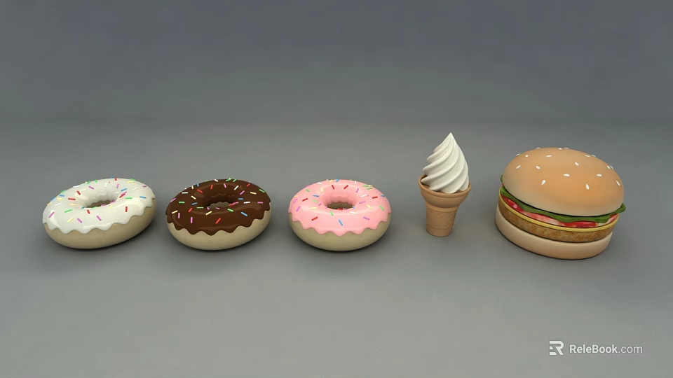Colorful Assorted Donuts With Sprinkles Ice Cream Cone And Hamburger Arrangement 3d model 