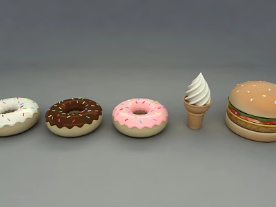 Colorful Assorted Donuts With Sprinkles Ice Cream Cone And Hamburger Arrangement 3d model