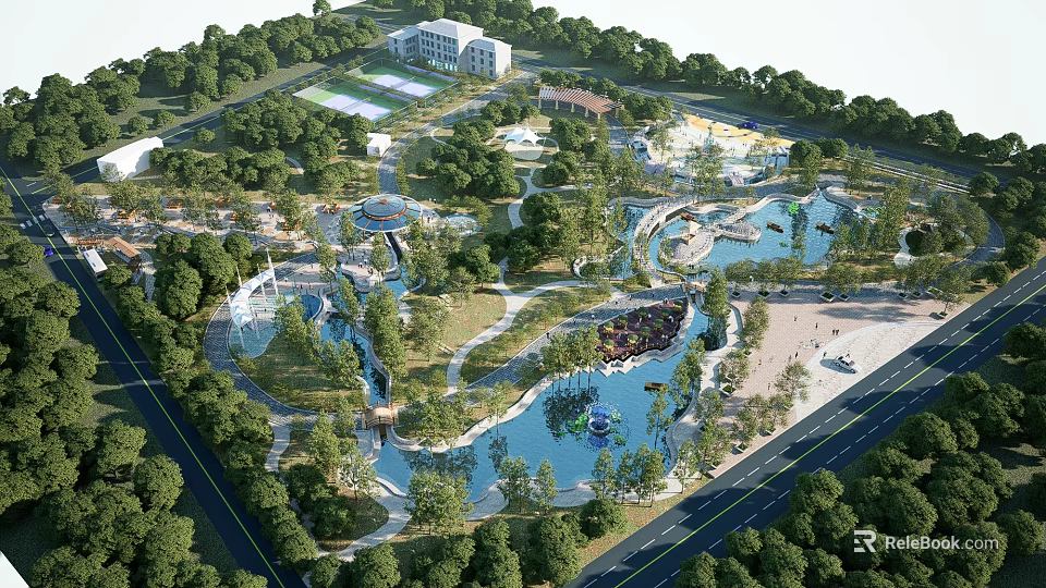 Serene Camping Site With Lush Green Trees Calm Water Ponds And Open Green Spaces 3d model 