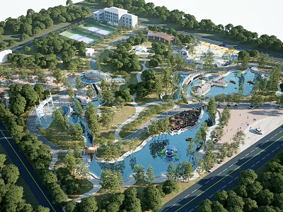 Serene Camping Site With Lush Green Trees Calm Water Ponds And Open Green Spaces 3d model