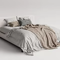 Modern Double Bed With Upholstered Headboard And Cozy Neutral Tones Pillows Throw Blanket