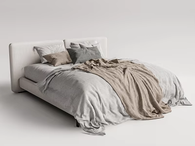 Modern Double Bed With Upholstered Headboard And Cozy Neutral Tones Pillows Throw Blanket 3d model