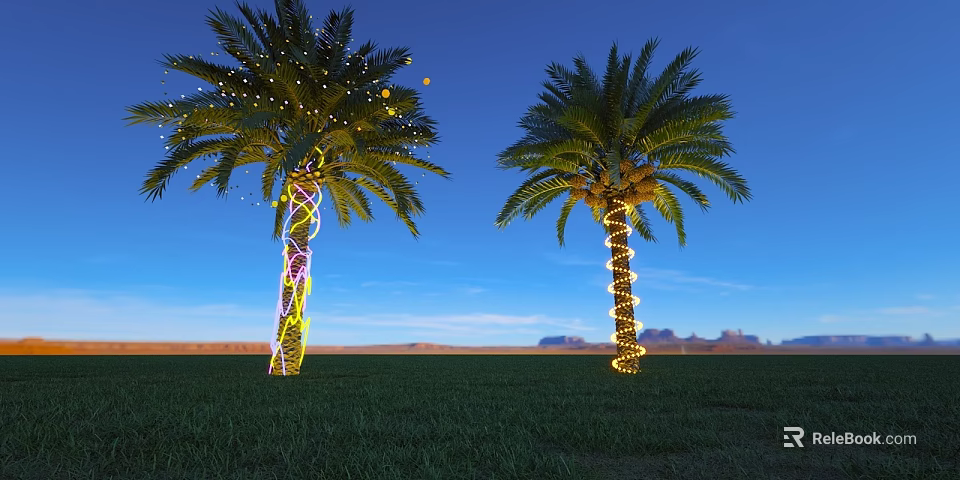 Palm Trees Decorated With Illuminated String Lights Under Blue Sky Green Grass And Distant Mountains 3d model 