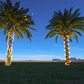 Palm Trees Decorated With Illuminated String Lights Under Blue Sky Green Grass And Distant Mountains