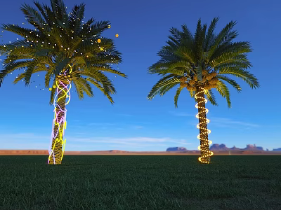Palm Trees Decorated With Illuminated String Lights Under Blue Sky Green Grass And Distant Mountains 3d model