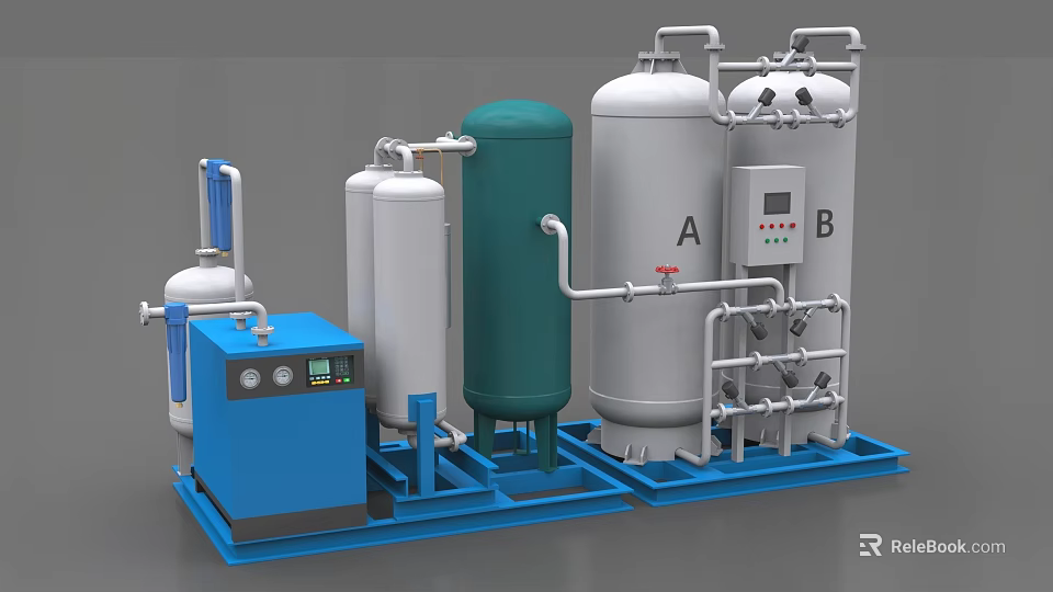 Industrial Gas Processing Equipment With Storage Tanks Control Panel And Piping System 3d model 