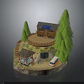 Wooden House With Solar Panels Surrounded By Trees Gazebo RV And Rocky Ground