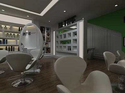 Modern Beauty Hair Salon Interior With White Styling Chairs Wooden Floor And Green Walls 3d model