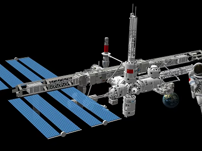 International Space Station With Solar Panels Robotic Arms And Earth View 3d model