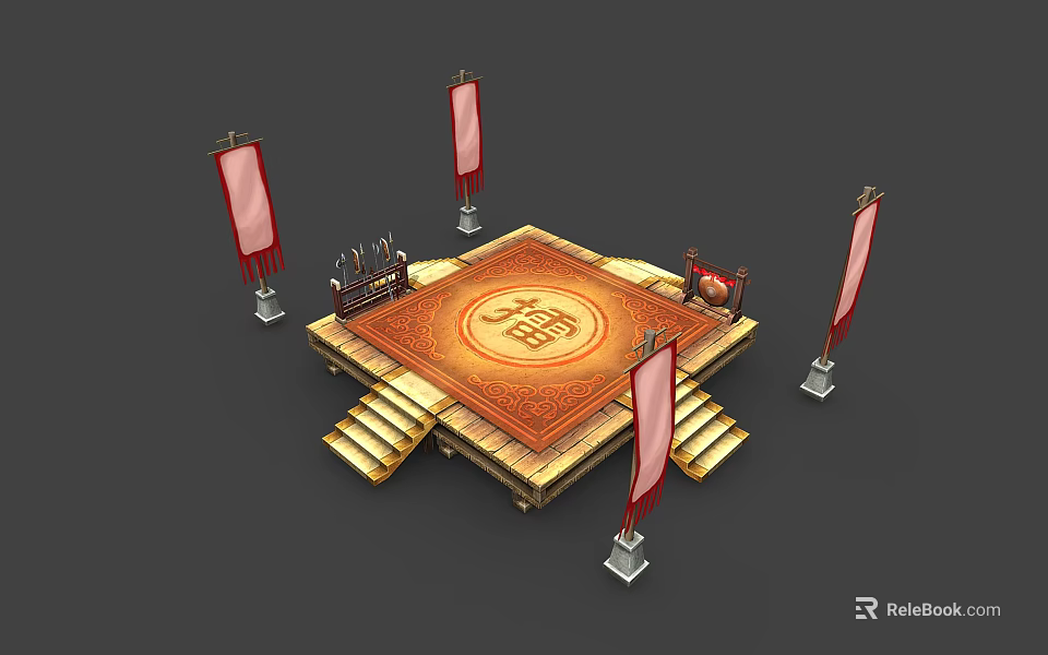 Traditional Chinese Ceremonial Platform With Square Steps Red Banners And Fu Character Carpet 3d model 