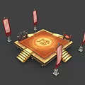 Traditional Chinese Ceremonial Platform With Square Steps Red Banners And Fu Character Carpet