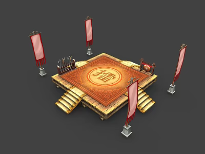 Traditional Chinese Ceremonial Platform With Square Steps Red Banners And Fu Character Carpet 3d model