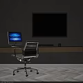 Modern Wooden Desk With Apple Computer Silver Chair And Large Screen TV On Gray Wall