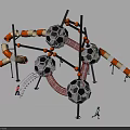 Modern Playground Equipment Featuring Climbing Net Spherical Structures And Orange Black Slides 3d model