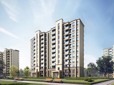 Modern Residential Building Exterior Design With Landscaped Lawns Trees And Benches 3d model