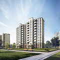 Modern Residential Building Exterior Design With Landscaped Lawns Trees And Benches