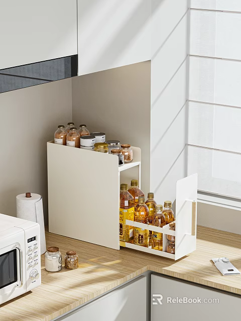 Modern White Kitchen Storage Cabinet With Bottles And Paper Towels Near Window 3d model 