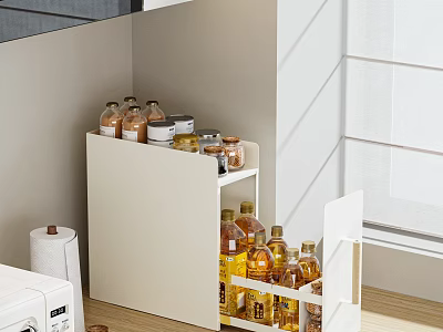 Modern White Kitchen Storage Cabinet With Bottles And Paper Towels Near Window 3d model