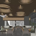 Elegant Restaurant Interior With Wooden Ceiling Circular Lights Marble Wall And Floor To Ceiling Windows