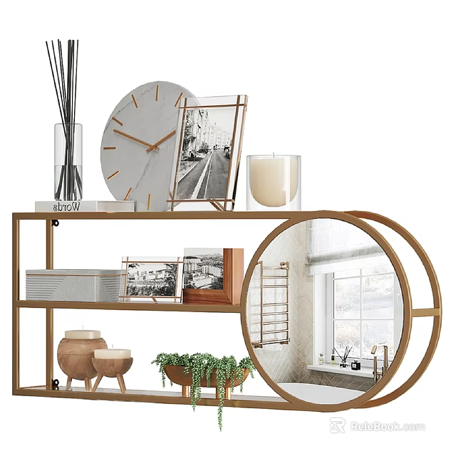 Modern Decorative Shelving Unit With Clock Picture Frame Candle Storage Boxes Plant and Mirror 3d model 