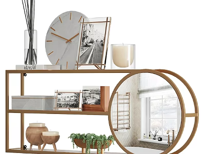 Modern Decorative Shelving Unit With Clock Picture Frame Candle Storage Boxes Plant and Mirror 3d model