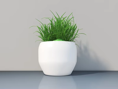 Modern Potted Plant with Green Grass in White Geometric Pot on Gray Tabletop 3d model