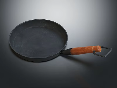 Durable Cast Iron Pan With Wooden Handle For Daily Kitchen Use 3d model