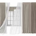 Modern Interior Beige Curtains With Sheer White Panels And Window Grid Design 3d model